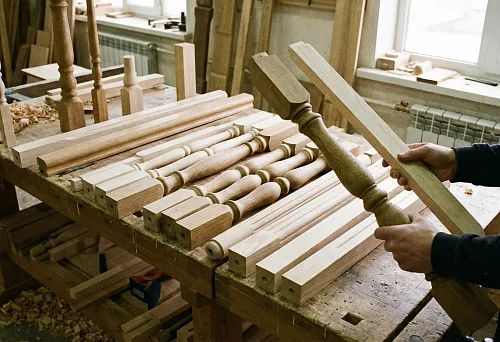 Wooden balusters for stairs on a workbench in a carpentry workshop, preparation for installation