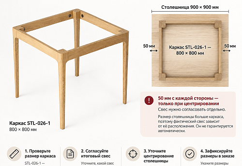 The tabletop 900&times;900 is already ordered, but the frame is 800&times;800: how to buy the wooden table frame STL-026-1 and not mistake 50 mm for a guaranteed overhang