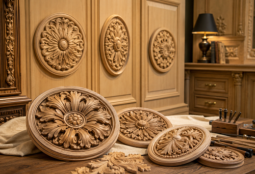 Decorative wooden rosettes for furniture and wall panels