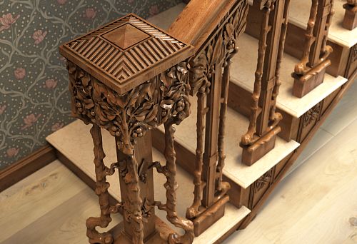Carved Base of a Wooden Column with Elegant Details and Natural Wood Texture Against a Staircase