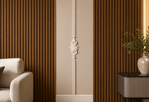 Decorative vertical made of MLDPU-003 molding and NPU-399.1 overlay between slatted panels