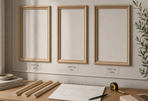 Estimate for three wall frames: which wooden molding MLD-014 to order &mdash; 2400 mm of oak or beech, or 2600 mm of MDF