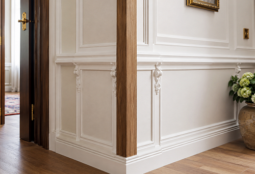 Wooden corner and polyurethane decor for finishing the external corner of a wall