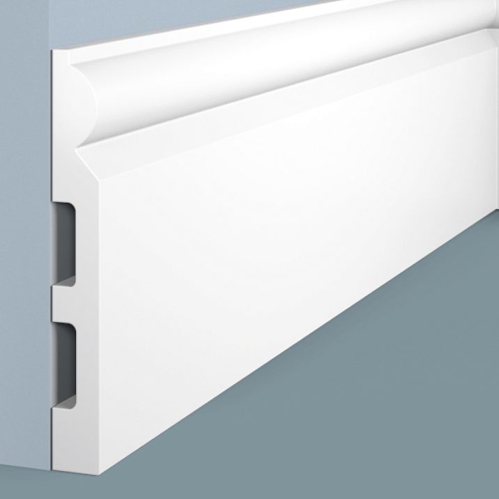 B140 floor skirting board from HI WOOD polystyrene, absolutely record-breaking maximum height of 140 mm and thickness of 17.5 mm, close-up