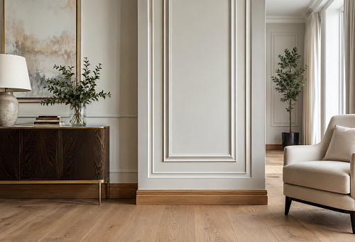 Wooden floor skirting boards and polyurethane moldings in a unified interior