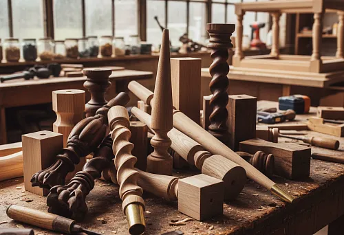 Furniture legs made of oak, beech, and walnut in the workshop &mdash; carved, screw-on, square, and tapered models with brass inlays