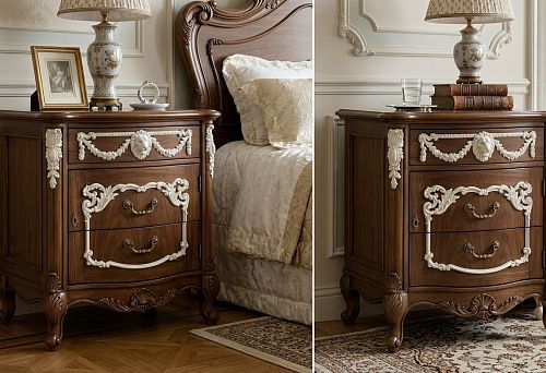 Classic-style bedside tables: wooden legs and polyurethane stucco
