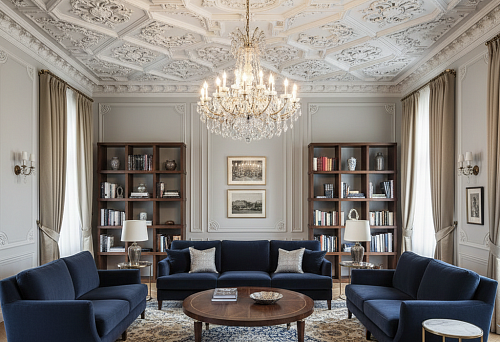 Ceiling moldings in an elite living room with expensive designer furniture and a crystal chandelier