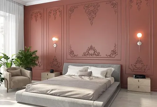 Elegant double bed made of solid wood in the bedroom interior