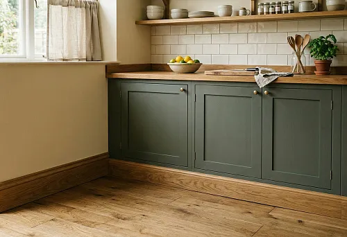 Wooden baseboard for kitchen along the floor: neat junction with the wall and oak flooring