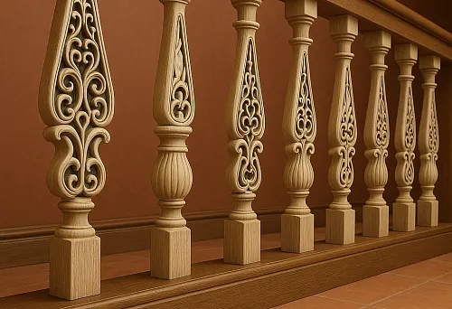 Carved wooden balusters with openwork patterns on staircase railing