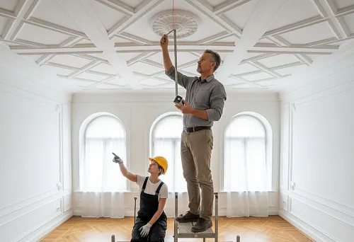 Installers check the geometry and seams of the molded ceiling: a master stands on scaffolding, measuring the position of the ceiling rosette,