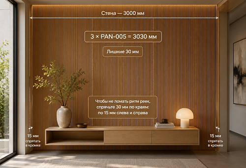 Three PAN-005 slatted panels on a 3-meter-wide wall
