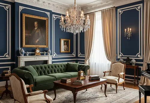 Old Money Living Room with Stucco, Moldings, and a Crystal Chandelier