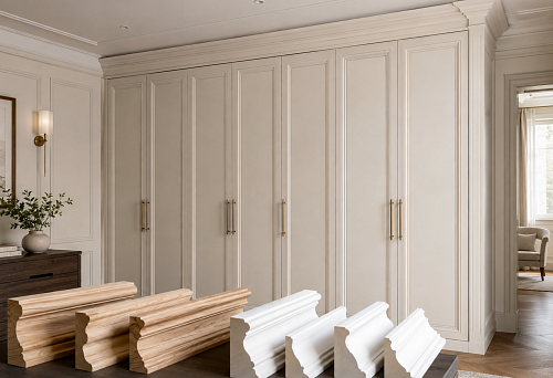 Cornice for a built-in wardrobe made of wood or polyurethane for the top line of the furniture