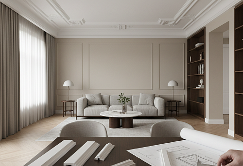 Modern living room with decorative ceiling cornices, in the foreground a table with profile samples, drawings, and measuring tools.