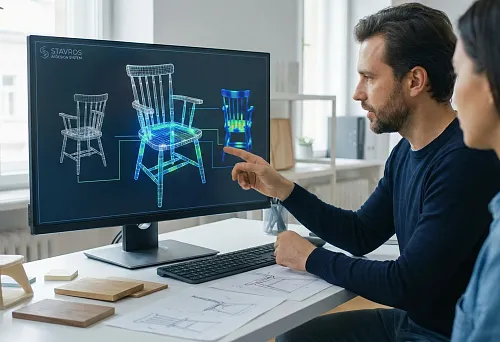 Designer shows a 3D model of a chair on the monitor: STAVROS neural networks calculate proportions and ergonomics
