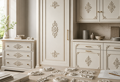 Central decor of furniture facade: wooden rosettes and overlays for cabinet, kitchen, and dresser