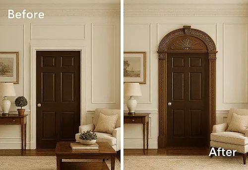 Decorative corner elements for the door: before and after installation