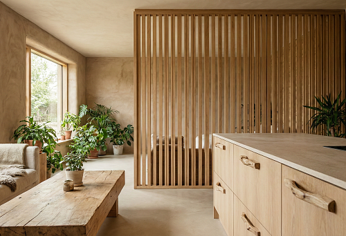 Eco-Interior 2026 with Slatted Wooden Partition, Natural Solid Wood Furniture Handles, and Raw Textures on Walls and Furniture