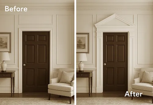 Interior before and after installing corner wall elements