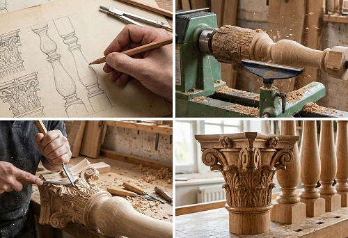 Sketch of Wooden Balusters and Capitals &ndash; The Design Stage of Carved Architectural Elements Before Production
