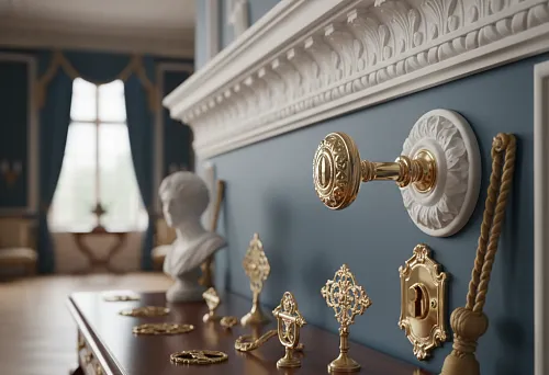Classic Interior: Stucco Cornice on a Blue Wall and Gold Hardware as an Accent of Noble Finishing