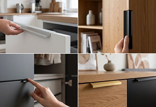 Edge furniture handles on the facades of a kitchen, wardrobe, or dresser
