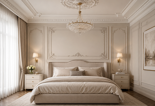 How to choose molding for the bedroom: moldings, rosette and decor for the wall near the bed