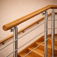 PR-004 wooden handrail for straight-flight stairs, smooth round shape, pairs with Stavros balusters