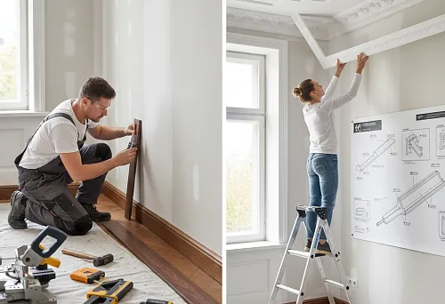Installation of wooden baseboard with glue: marking and fitting the profile before fixing