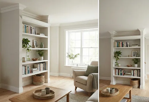 MDF cornice for painting on built-in shelving: neat finish of furniture niche