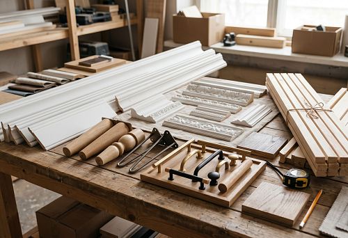 Cornices, baseboards, slats, stucco molding, handles, and supports for interior decoration