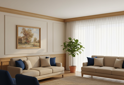 Wooden ceiling cornice in a light living room with classic interior