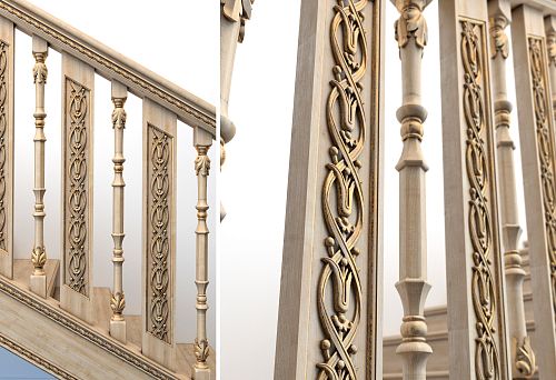 Flat carved balusters with ornamentation and classic turned elements as part of a stair railing