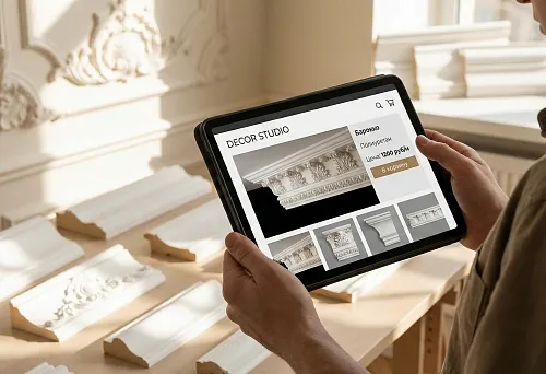 Customer selects polyurethane stucco in an online store on a tablet
