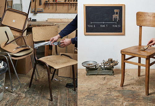 Before and after comparison in the workshop: broken cheap chairs and a restored wooden chair as an example of durability economics