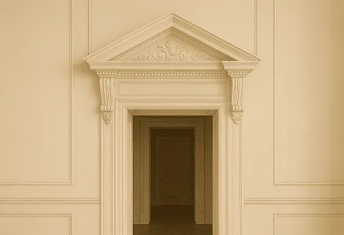 White carved pediment with decorative ornamentation