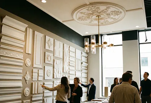 Visitors choose wall molding and decorative elements in the modern showroom