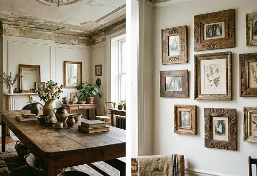 vintage dining room with a wooden table, patinated stucco molding on the ceiling, and handmade decor
