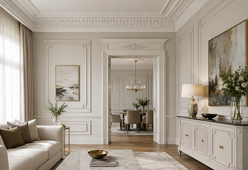 Polyurethane interior molding on walls and ceiling in a classic interior