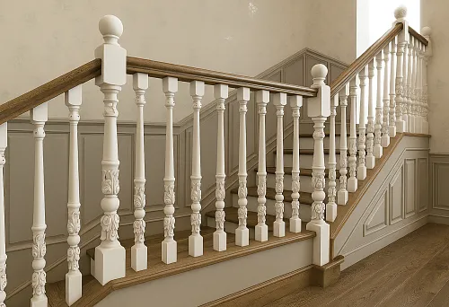 White carved balusters and handrails on a staircase with a classic interior in a house in Janke