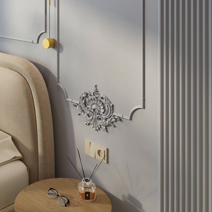 Set of decorative molding CPU-12-1 Petersburg in a bedroom interior by the bed