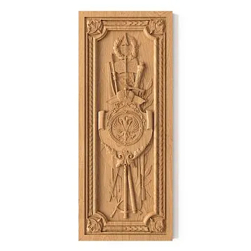 Wooden interior decor in the form of a decorative plate with a pattern of a shield, sword, spear, and arrows