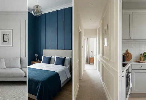 Moldings without overload &mdash; bedroom with an accent blue wall, vertical panels, soft headboard, and minimalist decor