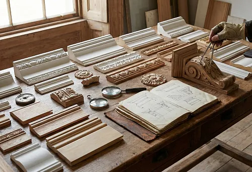 Samples of baseboards, moldings, and cornices on the master's table &mdash; choosing decorative elements for the interior
