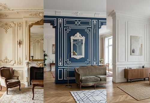 Stucco molding on walls in interior design: examples of classic, neoclassical, and modern wall decoration with stucco decor