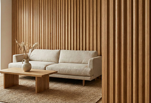 Wooden slat profiles on the wall: vertical lamellas and soft chiaroscuro in a modern interior