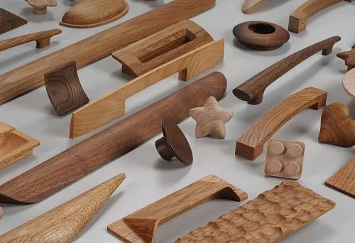 Modern wooden handles and accessories in various shapes and shades
