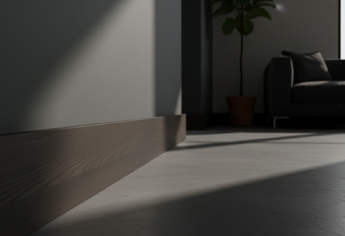 Dark solid wood floor skirting board along the wall in a modern interior, smooth abutment line and clean floor-to-wall joints